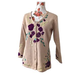 VTG Storybook Knits Sz S Cardigan Purple Flowers Sequins V Neck Grannycore EUC
